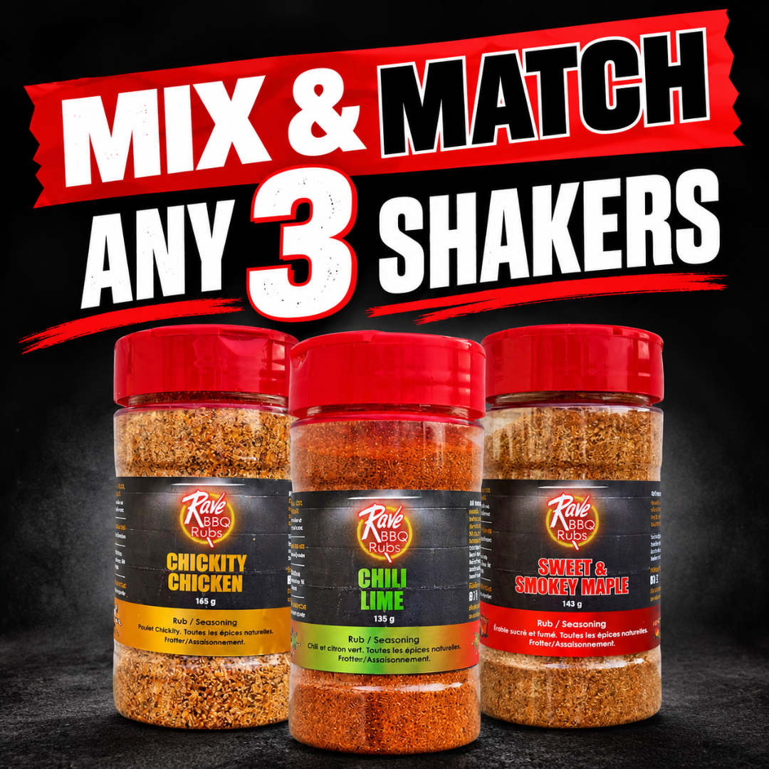 mix and match any 3 shakers chickity chicken chili lime sweet and smokey maple rub seasoning rave bbq rubs canada