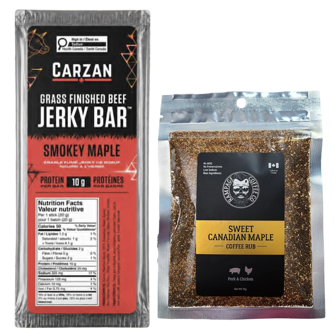 carzan grass finished beef jerky bar smokey maple with sweet canadian maple coffee rub 